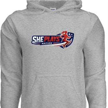 Gray hoodie with 'She Plays Nation' logo featuring a female athlete and stars.