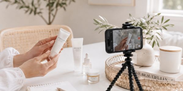 Person holding skincare product while filming with a smartphone on a tripod.
