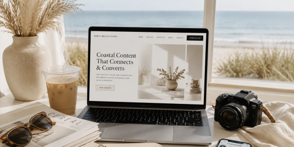 A laptop by the beach displaying a creative studio website, surrounded by stylish accessories.