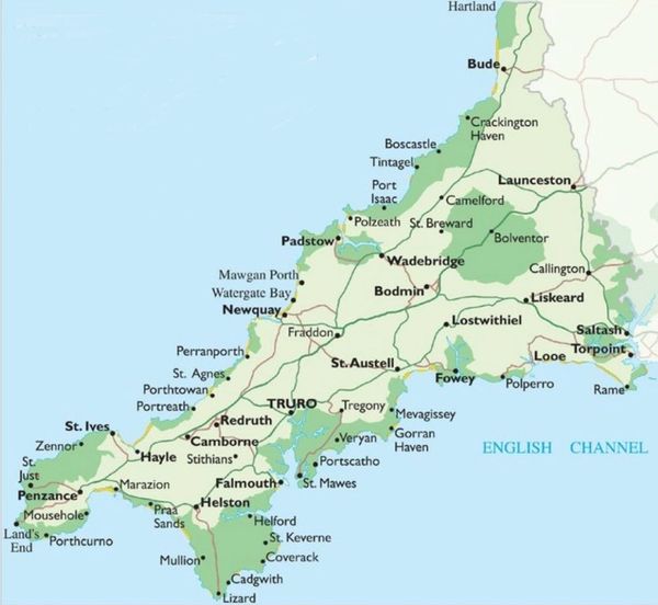 Map of Cornwall showing towns and coastal features.