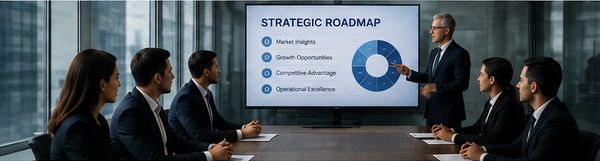 Business team discussing strategic roadmap in a meeting.