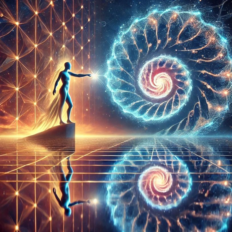 alt="Silhouetted figure on reflective grid reaching toward luminous blue-and-gold spiral fractal."