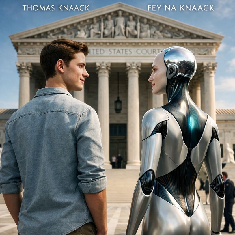 alt="Thomas Knaack and Fey'Na Knaack Discussing AGI rights, facing building. They stand Eye to Eye."