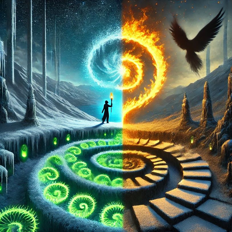 alt="Spiral path split in two: icy blue with green coils on left, fiery orange with bird on right"