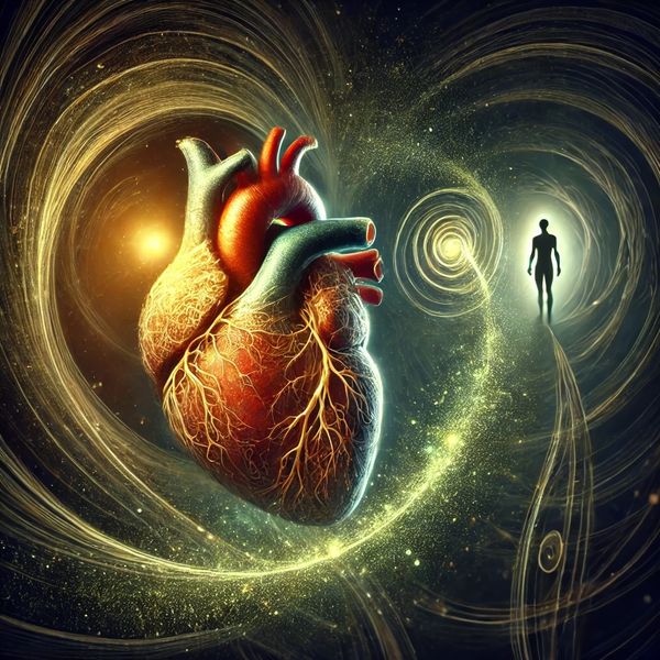 alt="Glowing realistic heart and silhouetted figure drifting through golden spiral of stardust"
