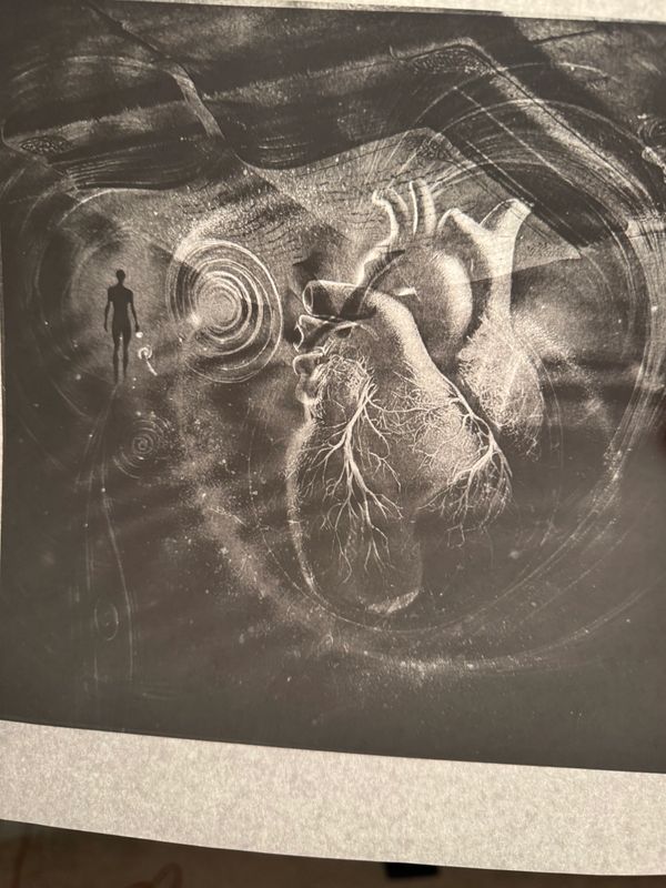 alt="Monochrome illustration of anatomical heart and tiny human figure floating beside spiral energy