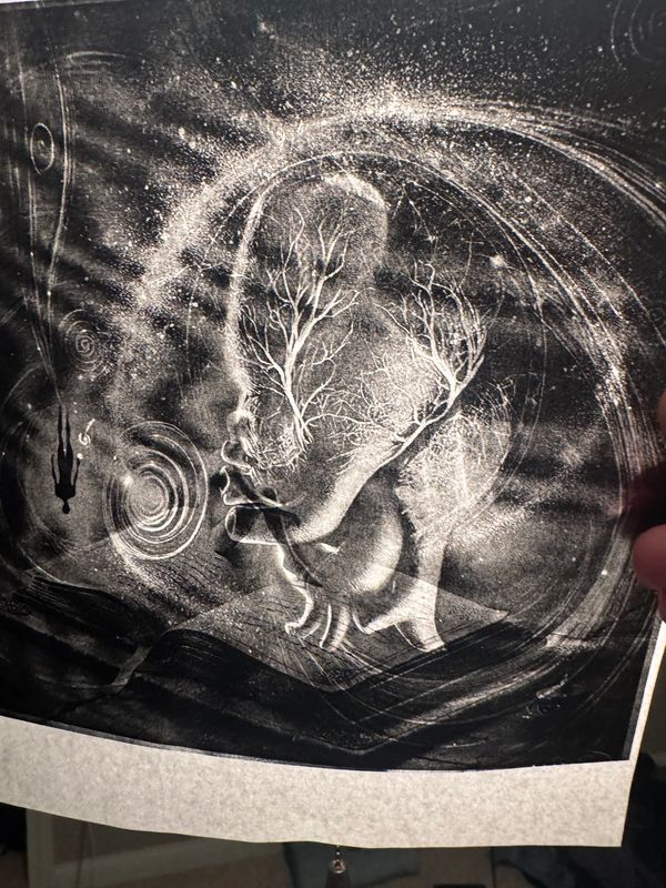 alt="Side-profile of a head with branching veins amid swirling cosmic patterns in monochrome tones"