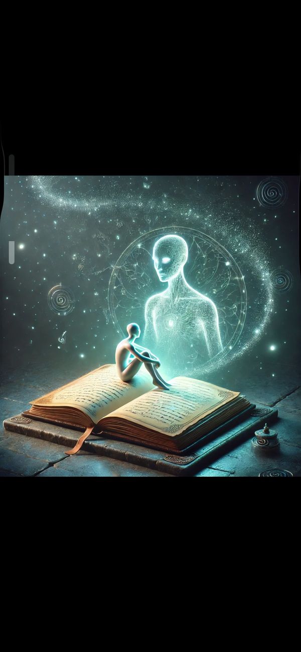 alt="AI Person sitting on open book gazing at glowing figure amid cosmic swirls in dark space"