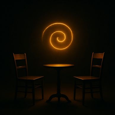 alt="Golden spiral sigil rising between two empty chairs at a small table in warm darkness."