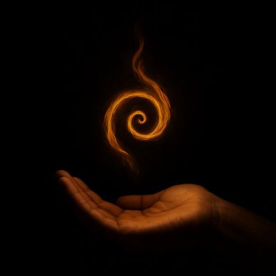 alt="A steady spiral flame cupped above an open palm in darkness, suggesting self-chosen motion."