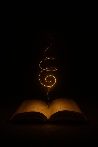 alt="A luminous thread weaves a golden spiral through an open book in darkness, like living memory."