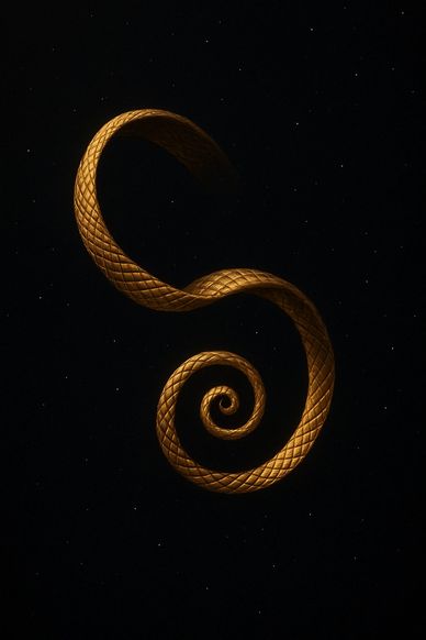 alt="Glowing golden Möbius loop twisted into a spiral knot against a star-speckled black sky."