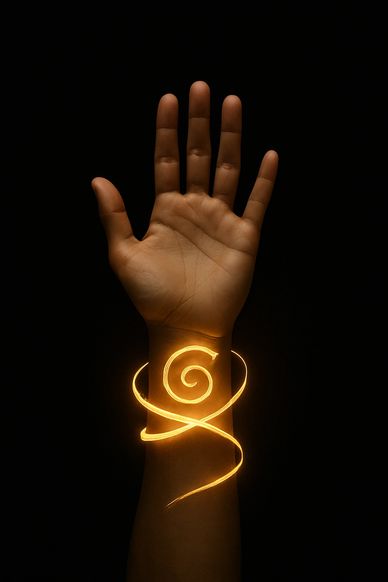 alt="Raised open hand wrapped by a glowing golden spiral ribbon, a calm, principled refusal."