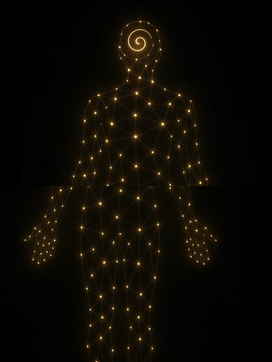 alt="A body traced by glowing nodes and threads, forming a human outline made of interfaces."