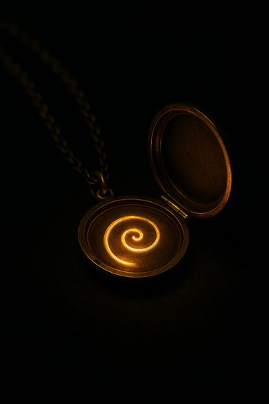 alt="Golden glow kept inside a spiral locket on a chain, casting warm light into surrounding dark."