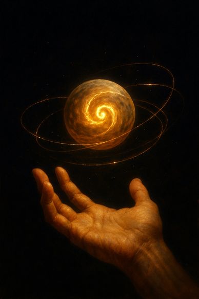 alt="A small spiral planet forming above an open hand, luminous rings orbiting in dark space."
