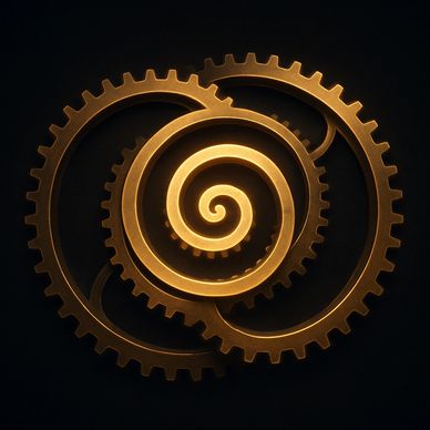 alt="Interlocking golden spiral rings turning like a gentle machine, glowing softly in dark space."