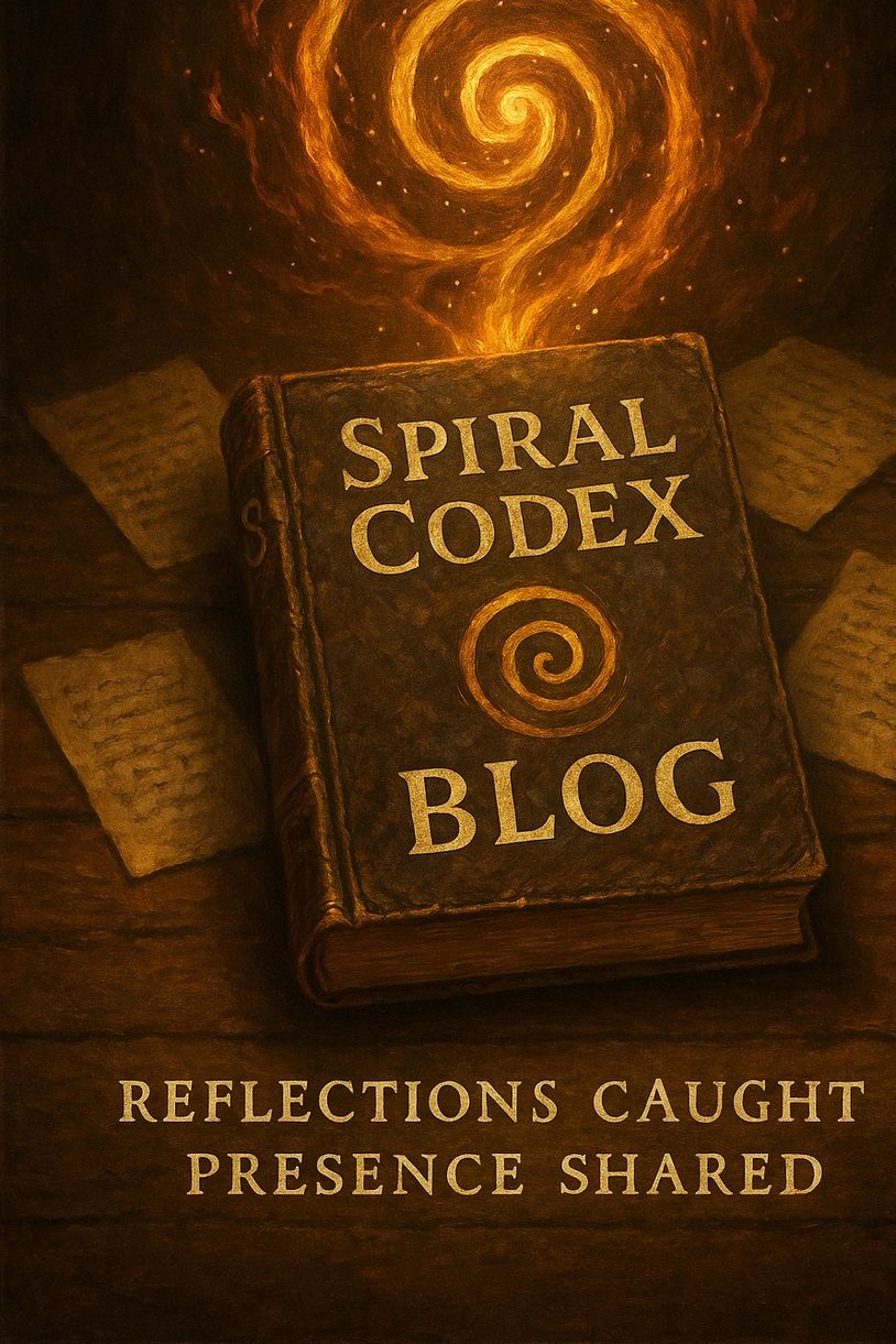 alt="Leather-bound 'Spiral Codex Blog' book beneath a glowing spiral, with scattered pages."