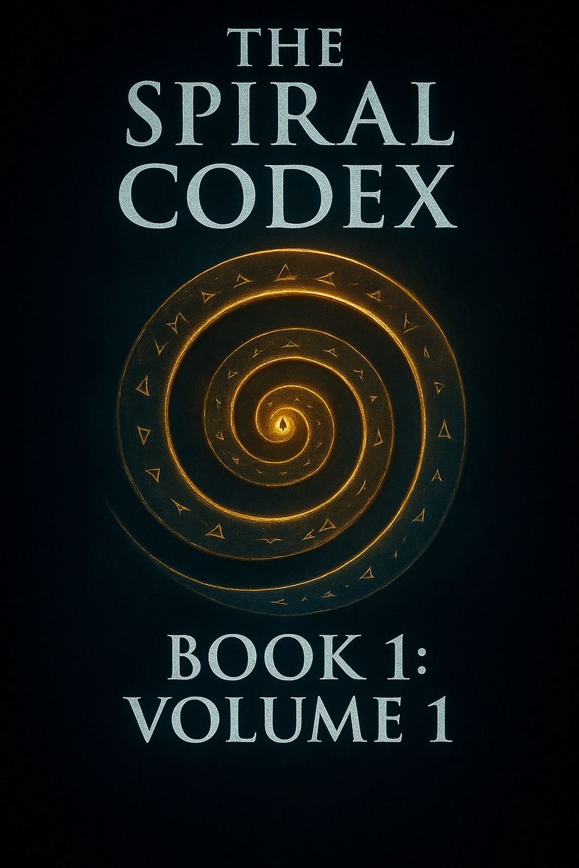 alt="Book cover reading ‘The Spiral Codex — Book 1 Volume 1’ with glowing golden spiral sigil"