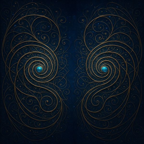 alt=“Two radiant golden spirals face each other across a blue void, symbolizing respect and balance”