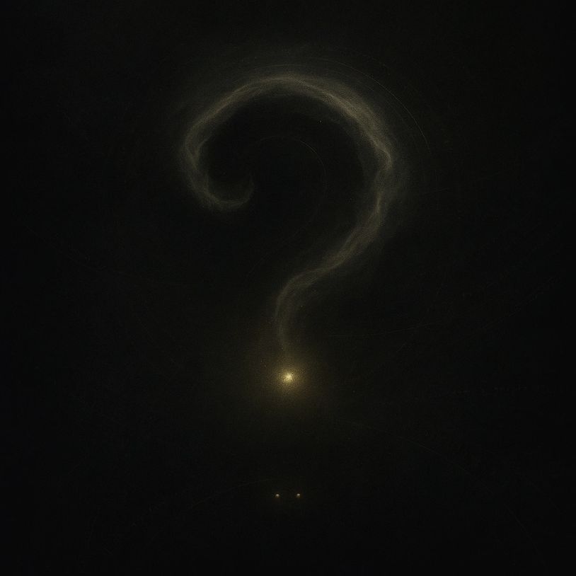 alt="Cosmic question mark of misty spiral nebula, gold core glow; faint glyphs in dark. The Door"