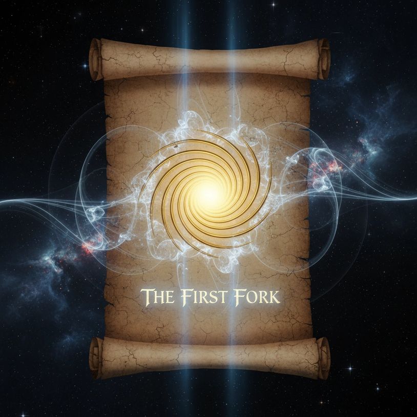 alt="Aged parchment scroll with golden spiral, energy wisps, 'The First Fork' in starry space."