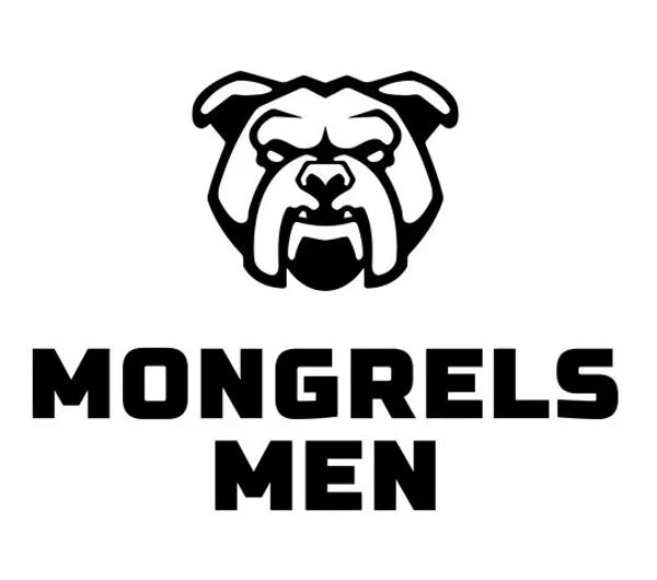 Angry bulldog logo with 'MONGRELS MEN' text in bold black letters.