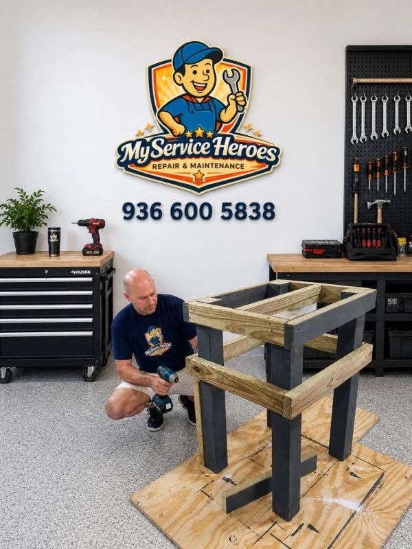 Man assembling wooden structure in a workshop.