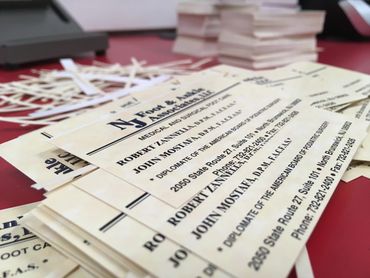 Stacked professional white business cards.