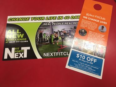Fitness challenge flyers and coupons.