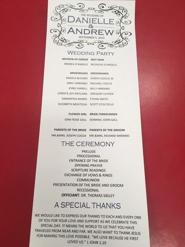 Long white wedding ceremony program.