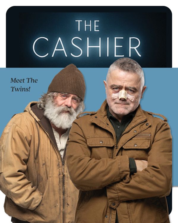 Two rugged men, labeled as twins, pose in front of a sign reading 'The Cashier.'