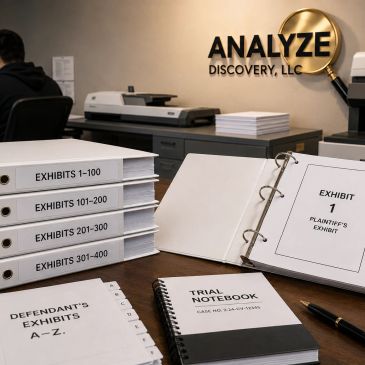 Stacks of legal exhibit binders and notebooks on a desk at Analyze Discovery, LLC.
