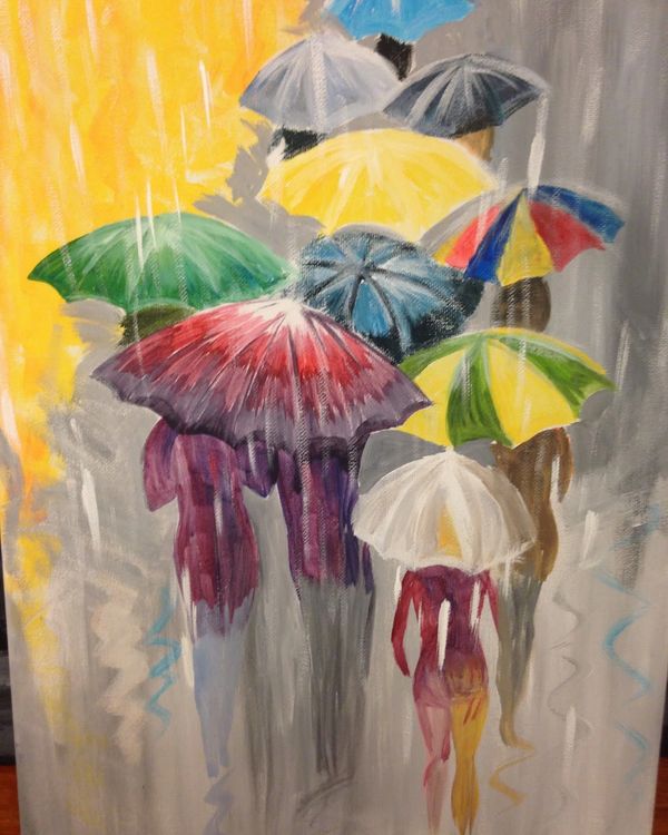 A colorful rain scene with people holding bright colorful umbrellas