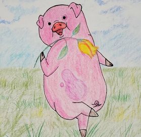 Frolicking. Waddles the pig running in a field.