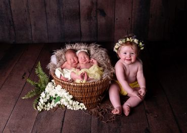 toddler and newborn siblings, twin boy and girl are in a basket with flowers and a white feather