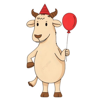 Cartoon goat holding red balloon.