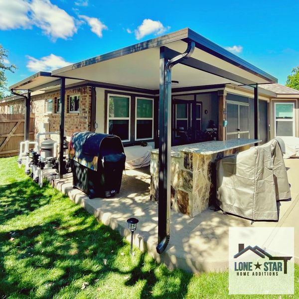 Corner view of a patio cover