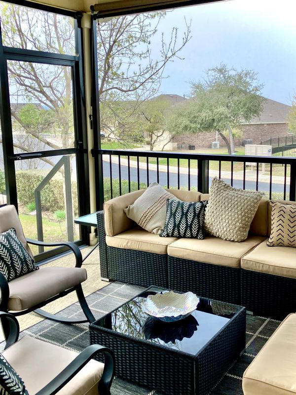 Inside a patio enclosure