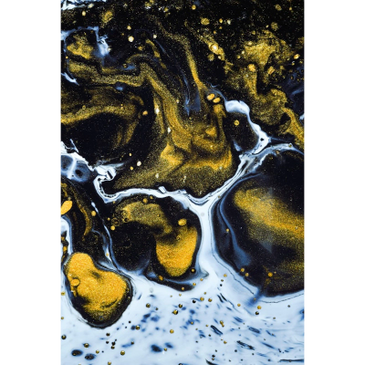 Abstract fluid art with black, gold, and white swirls.