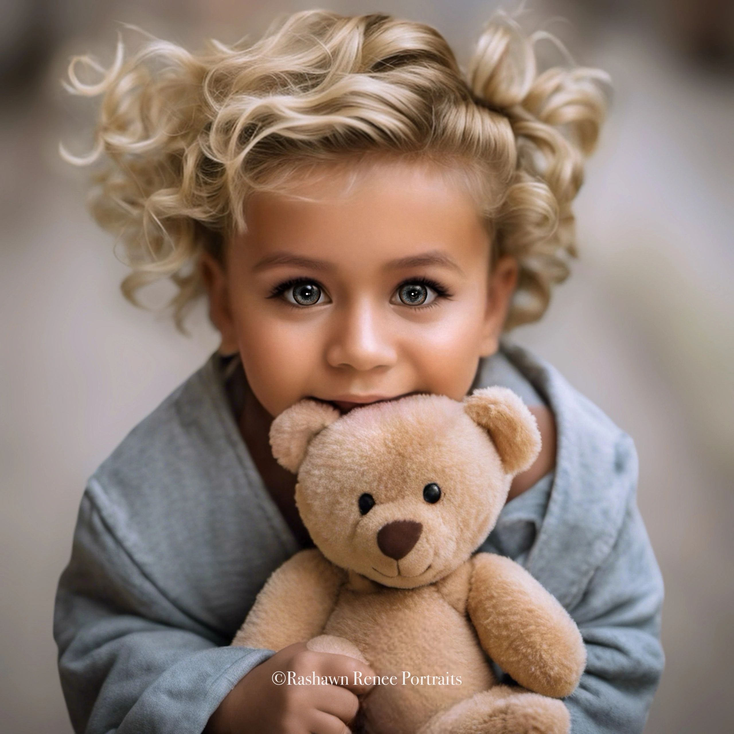 This is a portrait of a young child with captivating blue eyes and curly blonde hair. The child is h