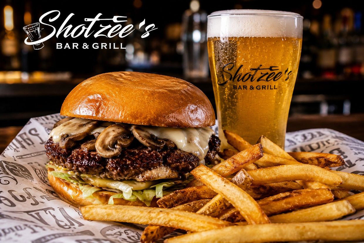 Burger with mushrooms, fries, and beer from Shotzee's Bar & Grill.