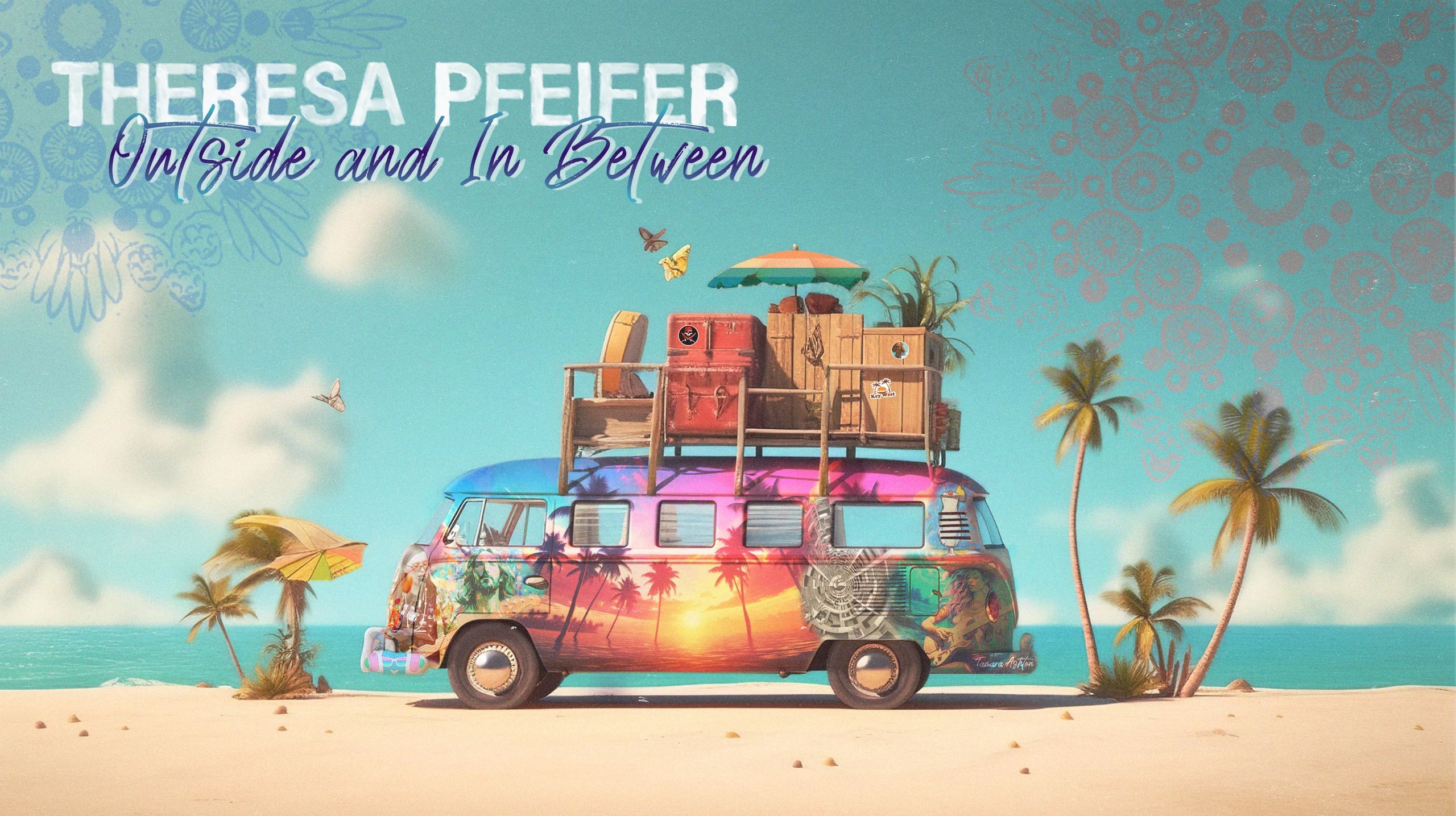 Colorful van with rooftop setup on a sunny beach under blue skies.