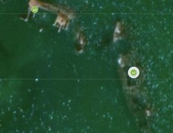 Aerial view of underwater shipwrecks in green water.