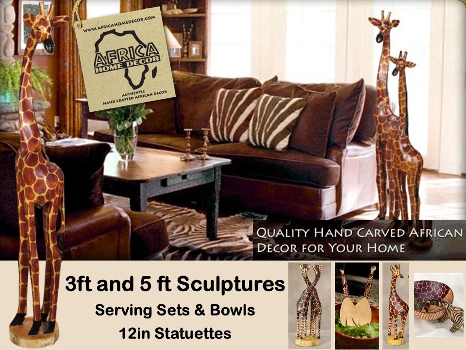 Hand carved African giraffe sculptures and home decor in a cozy living room.