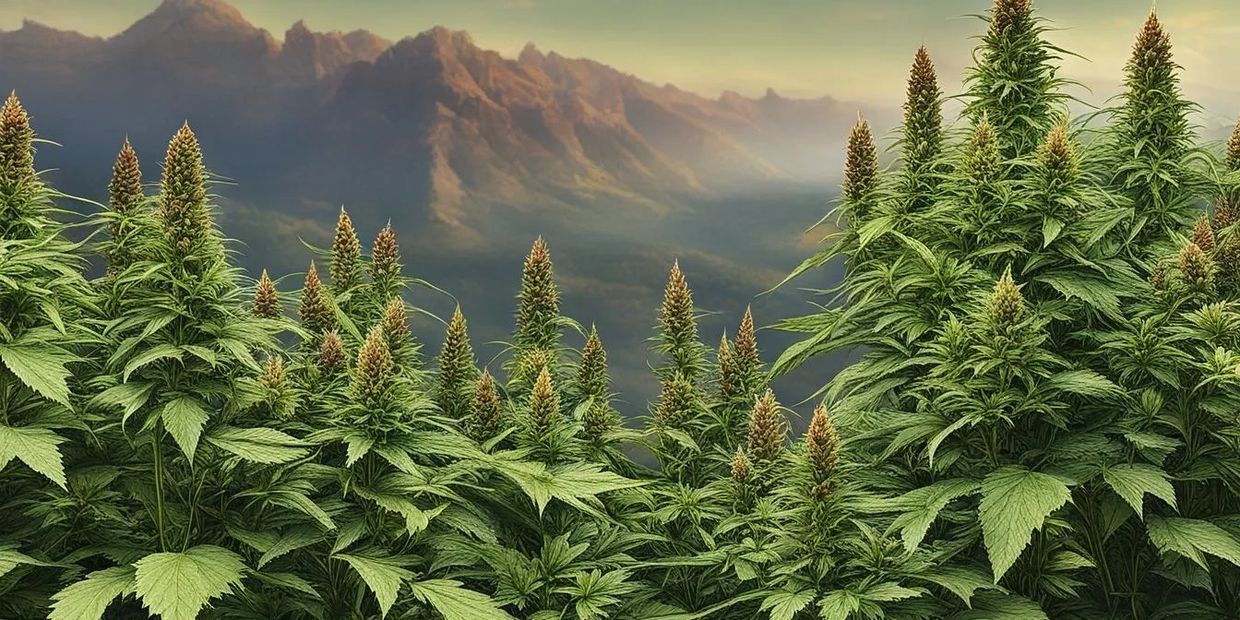 Lush cannabis plants with mountain backdrop at sunset.
