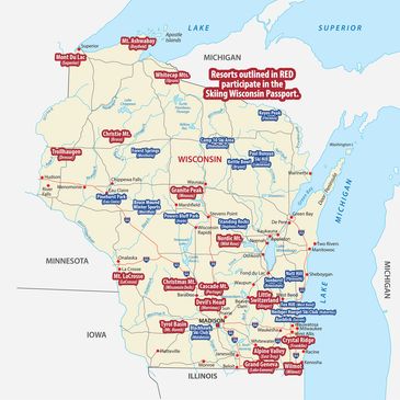 Ski areas outlined in red participate in the Skiing Wisconsin Passport.