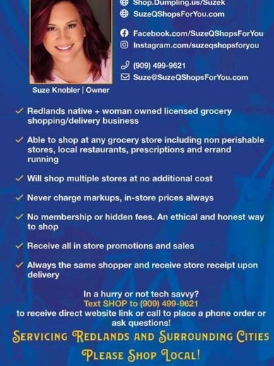 Advertisement for woman-owned grocery shopping and delivery service in Redlands.