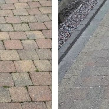 Gardener cutting grass and maintaining a residential lawncleaning comparison.