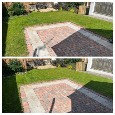 Before and after photos of a backyard lawn with improved grass and weed removal.